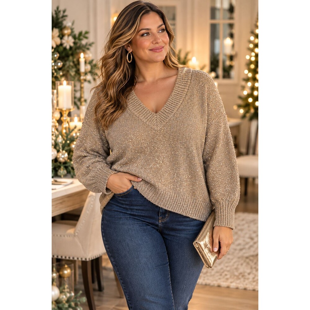 Ava Viv Womens X Metallic Shimmer V Neck Sweater Taupe Gold Holiday Plus Size